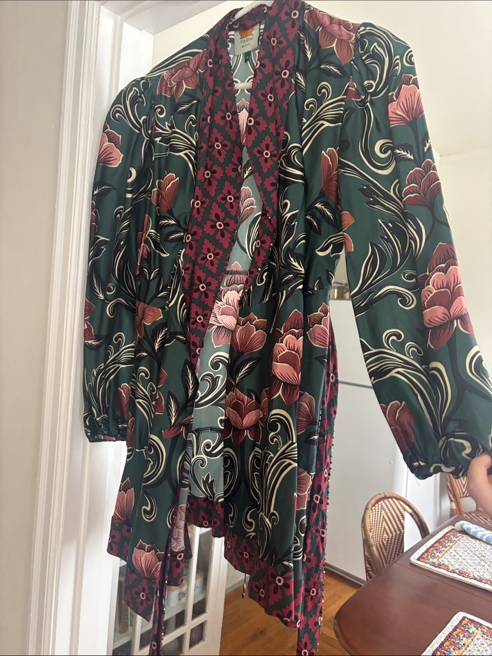 FARM Rio Green Floral Long Sleeve Wrap Dress with Pink Accents